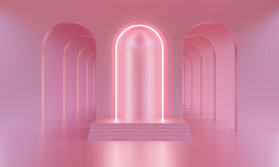 3D mock up podium in a bright pink empty room with arches and neon pink lighting. Abstract minimalistic bright trendy background for product presentation. Modern platform in mid century style. - obrazy, fototapety, plakaty