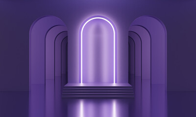 3D mock up podium in a purple empty room with arches and neon lilac lighting. Abstract minimalistic bright trendy background for product presentation. Modern platform in mid century style.