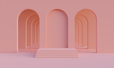 3D mock up podium in empty abstract minimalistic peachy room with arches for product presentation. Stylish modern platform in mid century style in beige or sandy palette. 3D render