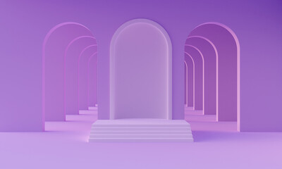 3D mock up podium in empty abstract minimalistic neon purple room with arches for product presentation. Stylish modern platform in mid century style. 3D render