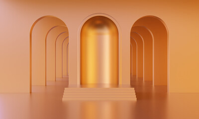 3D mock up podium in empty abstract minimalistic gold or orange room with arches for product presentation. Stylish modern platform in mid century style. 3D render