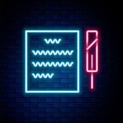 Obraz premium Glowing neon line Feather pen and paper scroll icon isolated on brick wall background. Colorful outline concept. Vector