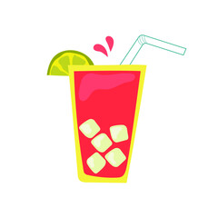 cocktail in a glass with a straw, a slice of lime and ice cubes. Summer, bar concept.