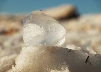 small transparent piece of ice, winter by the sea, pieces of ice
