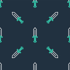 Line Sword for game icon isolated seamless pattern on black background. Vector