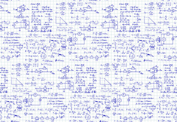 Physics, electronic engineering, mathematics equation and calculations, endless hand writing. Vector scientific and technology seamless pattern on notebook page. 
