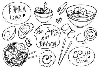 Clip-art ramen set asian food isolate on white background. Doodle outline digital illustration. Print for menus, cafes, stickers, restaurants, stationery, packaging