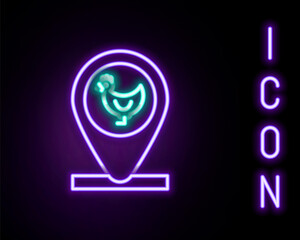 Glowing neon line Chicken farm and location icon isolated on black background. Colorful outline concept. Vector