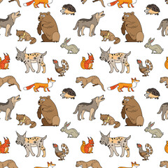 Obraz premium Endless texture with cute funny animals living in north forest. Seamless pattern with bear, fox and wolf for kid design