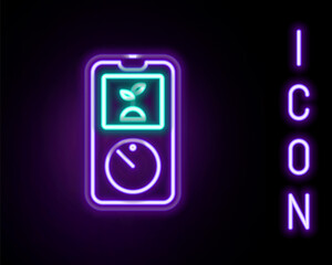 Glowing neon line Smart farming technology - timer farm automation system in app icon isolated on black background. Colorful outline concept. Vector