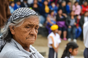Beautiful grandmother with gray hair and a checkered scarf on her head, she has very marked...