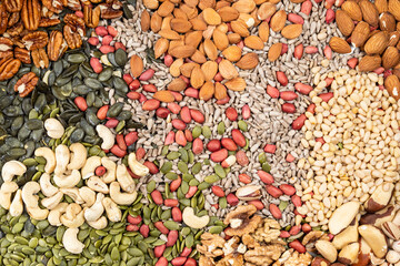 top view of various shelled nuts and seeds