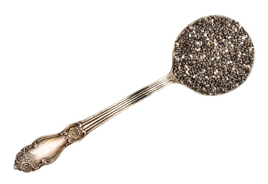 top view of Chia seeds in silver tablespoon cutout