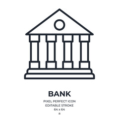 Bank building editable stroke outline icon isolated on white background flat vector illustration. Pixel perfect. 64 x 64.