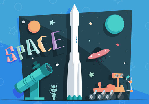 Flat illustration with rocket, rover and telescope on cartoon space backgound.