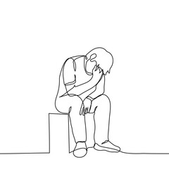 man sits sad with a hand at his face and a bowed head - one line drawing. the concept of frustration, grief, depression, powerlessness, discouragement, despair