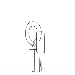 ring led light and phone on tripod - one line drawing. a set for photo and video filming of a blogger, influencer, online consultation, internet interview, live broadcast, letsplay recording