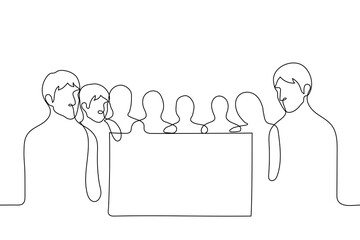 crowd of people watching TV while standing - one line drawing vector. people froze standing in front of a large screen waiting for news, colleagues in the office watching a presentation of a product
