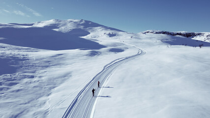 Active couple cross country skiing on a slope through wild snowy mountain wilderness on a clear...