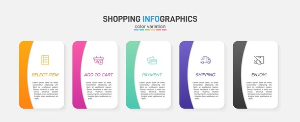 Concept of shopping process with 5 successive steps. Five colorful graphic elements. Timeline design for brochure, presentation, web site. Infographic design layout.