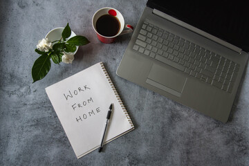 Work from home handwritten with use of selective focus . Work from home is the new normal concept...