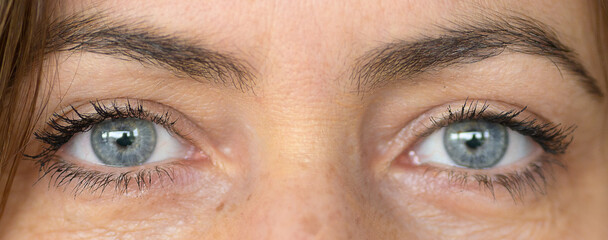 Close up on the grey blue eyes of a middle-aged woman