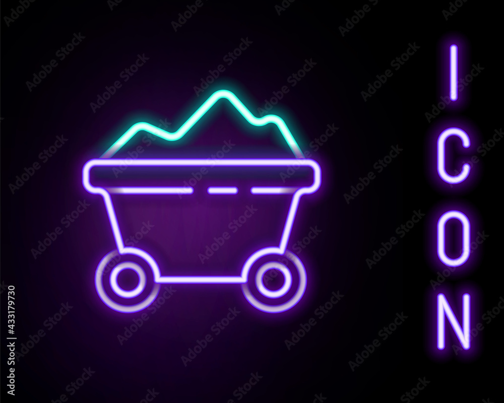 Canvas Prints glowing neon line coal mine trolley icon isolated on black background. factory coal mine trolley. co