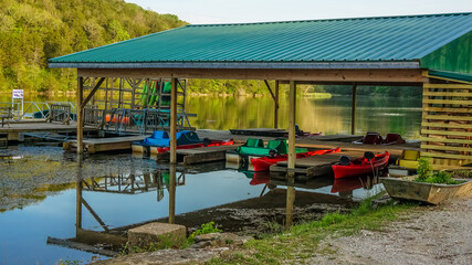 colorful pedal boats at Lake in Arkansas - obrazy, fototapety, plakaty