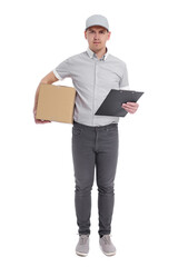 full length portrait of postman or delivery man in uniform with box and clipboard isolated on white