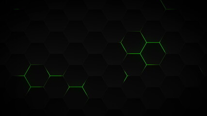 Abstract dark hexagon pattern on green neon background technology style. Modern futuristic honeycomb concept.