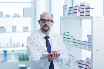 Pharmacist is working. Man wearing special medical uniform located in pharmacy.