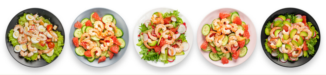 Set a variety of salads with shrimp, eggs and vegetables. Banner. Top View