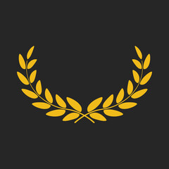 Golden wide laurel wreath icon isolated on black background. Vector illustration.