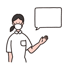 案内をしているマスクの看護師の女性と吹き出し