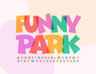 Vector Bright Emblem Funny Park. Kids Playful Font. Artistic Alphabet Letters and Numbers

