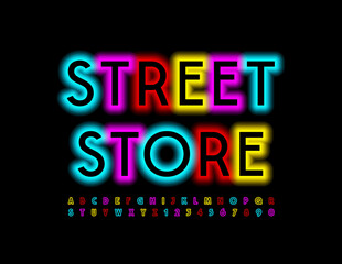 Vector neon logo Street Store with colorful glowing Font. Bright Alphabet Letters and Numbers set