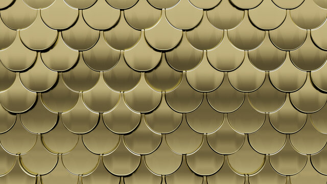 Polished, Gold Wall background with tiles. Fish Scale, tile Wallpaper with 3D, Luxurious blocks. 3D Render