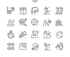 Sport school. Leisure activity, healthy and equipment. Basketball, swimming, volleyball, tennis, archery, football and other. Pixel Perfect Vector Thin Line Icons. Simple Minimal Pictogram
