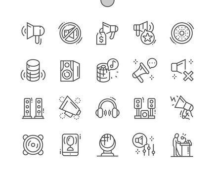 Speaked. Sound speakers. Microphone, headphones, loudspeaker and portable speaker. Electronic equipment and volume. Pixel Perfect Vector Thin Line Icons. Simple Minimal Pictogram