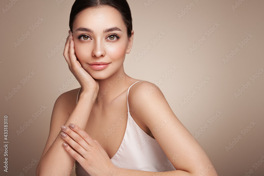 Wall mural portrait beautiful young woman with clean fresh skin. model with healthy skin, close up portrait. co