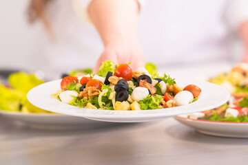Colorful vegetables and cheese salad held by a hand: Selective focus. Healthy food concept.