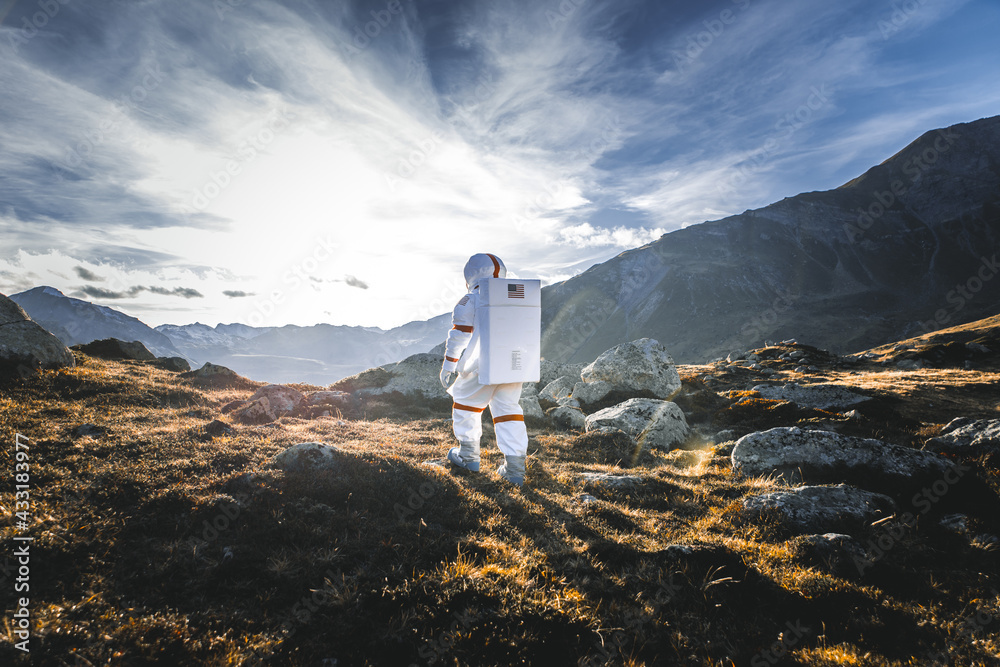 Poster astronaut exploring a new planet. searching for a new home for humanity. concept about science and n