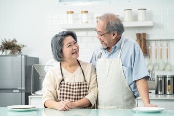 Obraz premium Asian grandparents couple smiling looking at each other in the kitchen