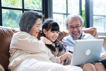 Asian grandparent looking their grandchild using laptop for learning. - obrazy, fototapety, plakaty