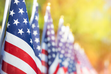 Closeup of an American flag in a row. Memorial day, Independence day, Veterans day concept. Copy...