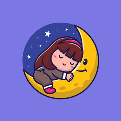 Obraz na płótnie Canvas Cute Girl Sleeping On Moon Cartoon Vector Icon Illustration. Nature People Icon Concept Isolated Premium Vector. Flat Cartoon Style