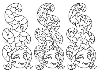 Line illustration of cute girl with hair for coloring book
