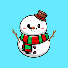 Cute Snowman Cartoon Vector Icon Illustration. Winter Mascot Icon Concept Isolated Premium Vector. Flat Cartoon Style