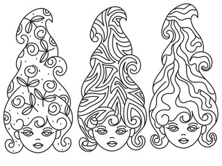 Line illustration of cute girl with hair for coloring book