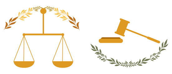Justice scales and judge gavel. Judgment symbols Design elements for world international justice day Vector illustration Isolated on white background